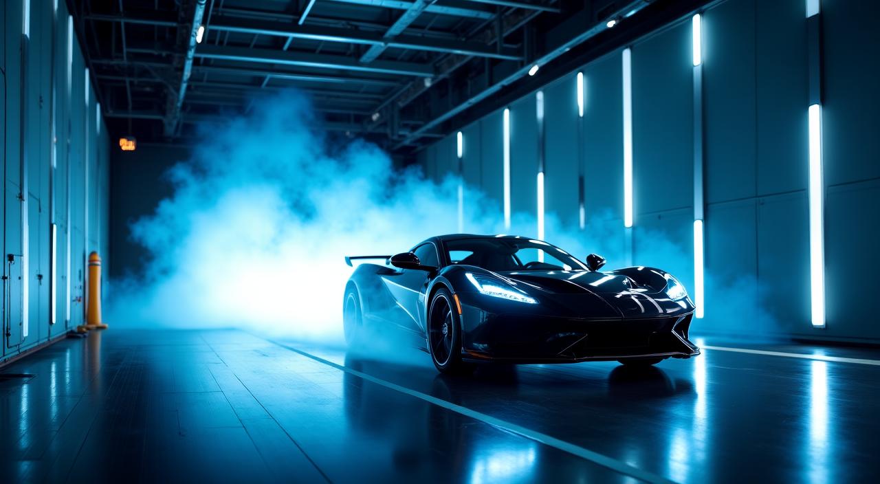 High performance sports car undergoing wind tunnel testing for aerodynamics