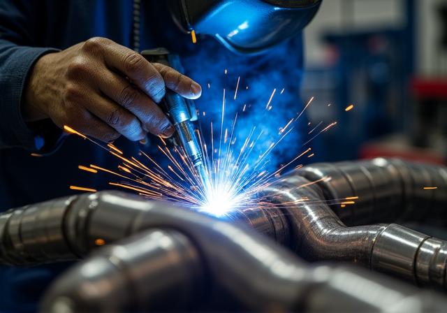 Close up of TIG welded exhaust pipe manifold