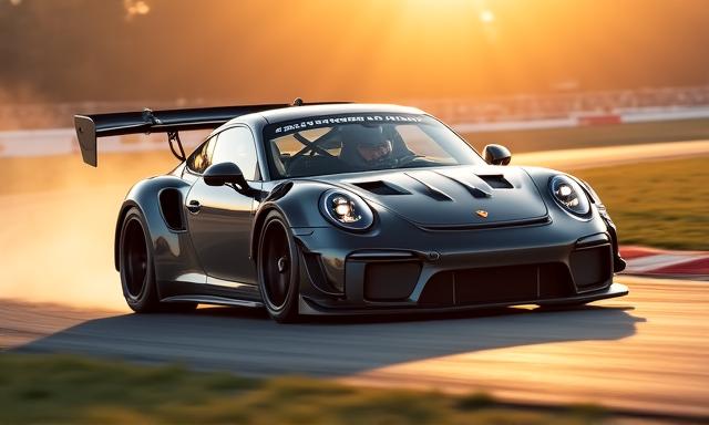 Car with large wing and front splitter on a race track