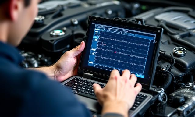 Close up of a laptop connected to a sports car ECU