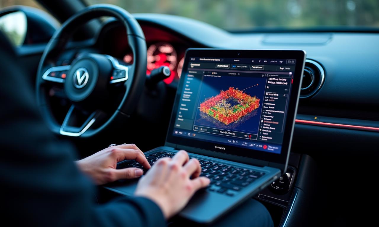 Close up of a professional automotive technician using specialized software for ECU remapping in Seoul