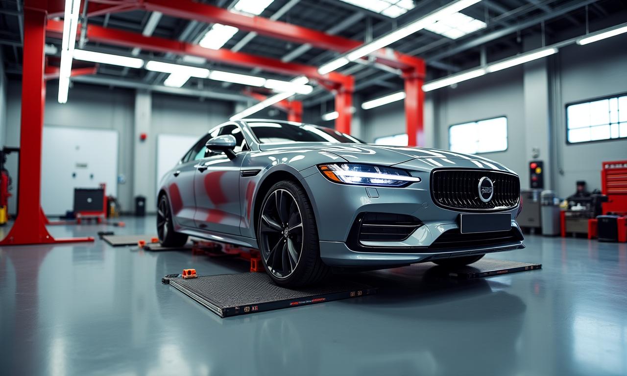 A high performance sports car being tuned on a chassis dynamometer in a premium Seoul workshop